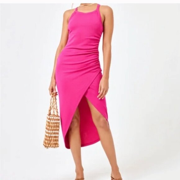 L*Space Hot Pink Sleeveless Wrap Ribbed T-Shirt Maxi Bardot Dress Size XL NWT - Picture 2 of 12